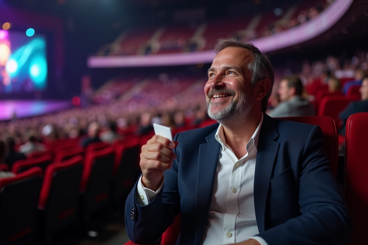 Spectateur en première rangée de la fosse de Bercy Arena tenant son billet pour un spectacle humoristique avec un sourire anticipateur
