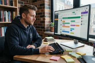 Membre d'un club de cybersécurité consultant un forum communautaire sur son ordinateur de bureau à domicile