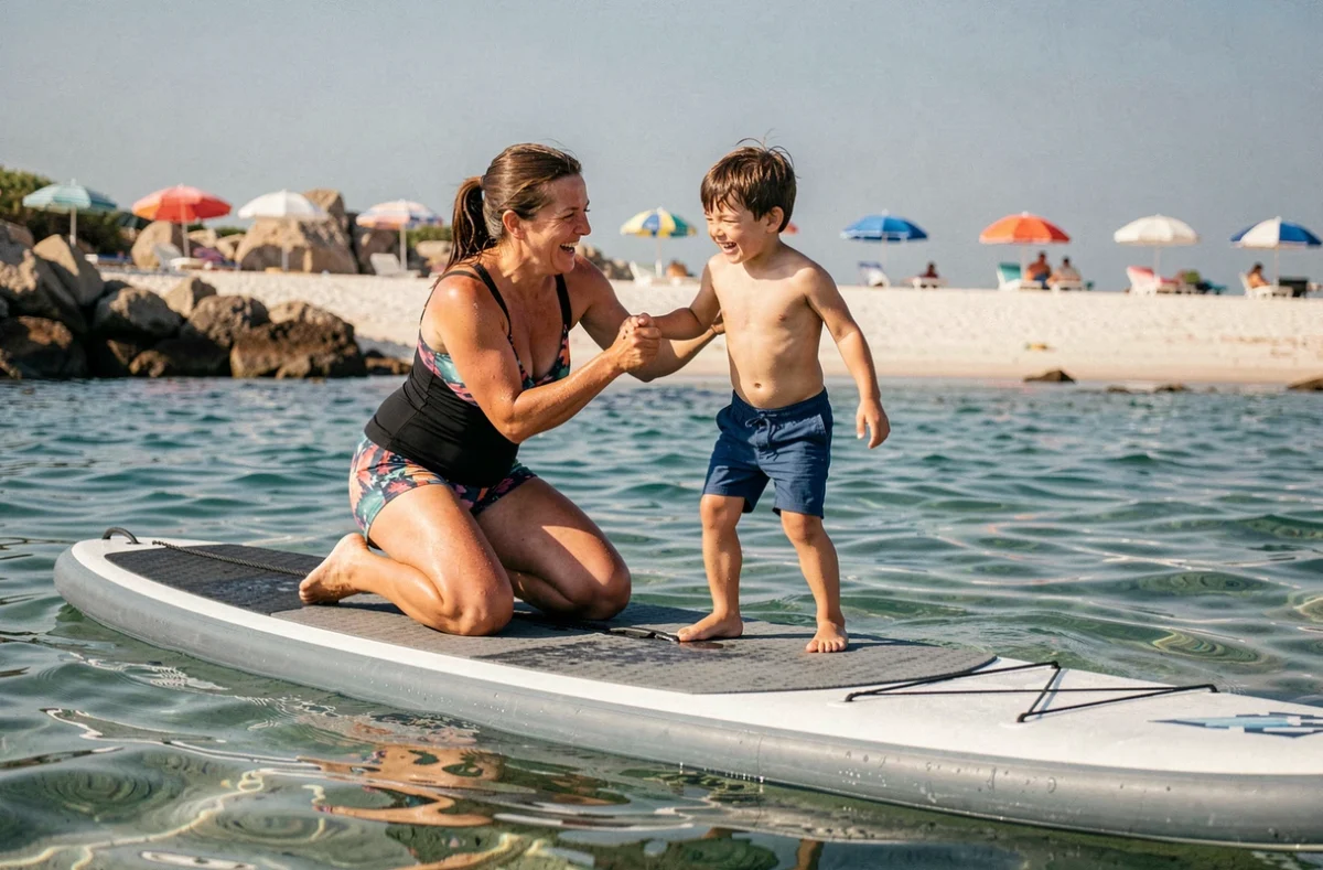 Mère aidant son fils à se lever sur un paddle board en bord de mer lors des vacances