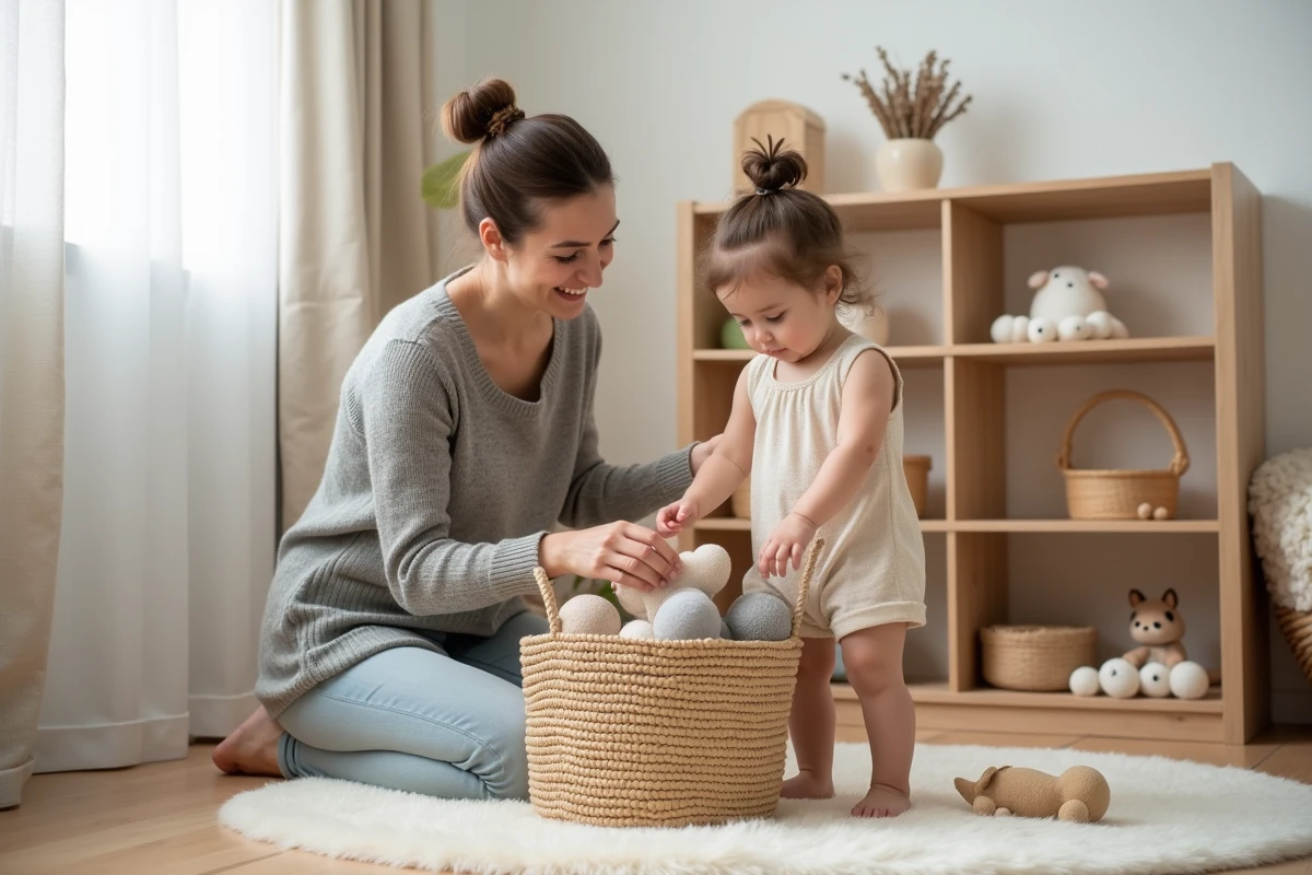Mère et bambin rangeant ensemble des jouets en tissu dans un grand panier en osier dans une salle de jeux Montessori, favorisant l'apprentissage de l'ordre et de la coopération