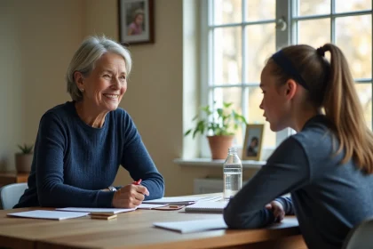Mère et jeune sportive en discussion autour d'une table, partage de conseils et d'écoute entre parent et enfant athlète