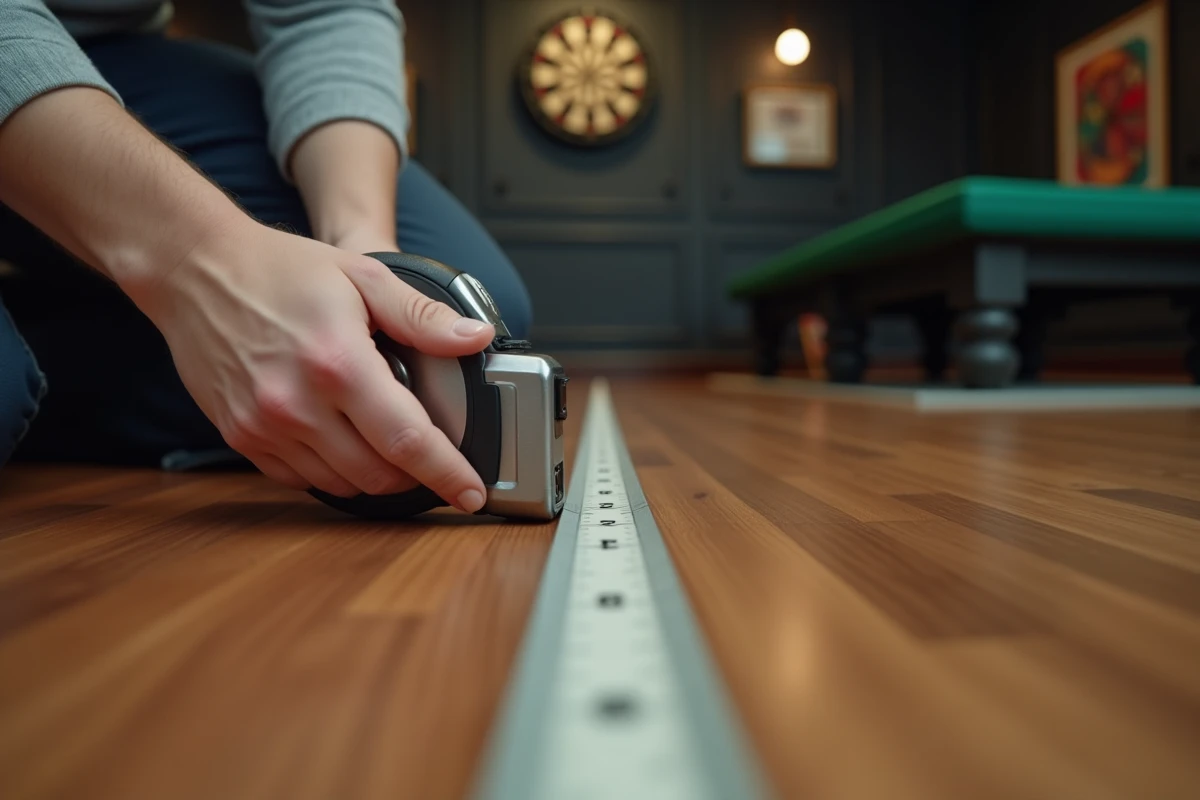 Mesure précise de la distance de lancer aux fléchettes avec un mètre ruban sur le sol d'une salle de jeux