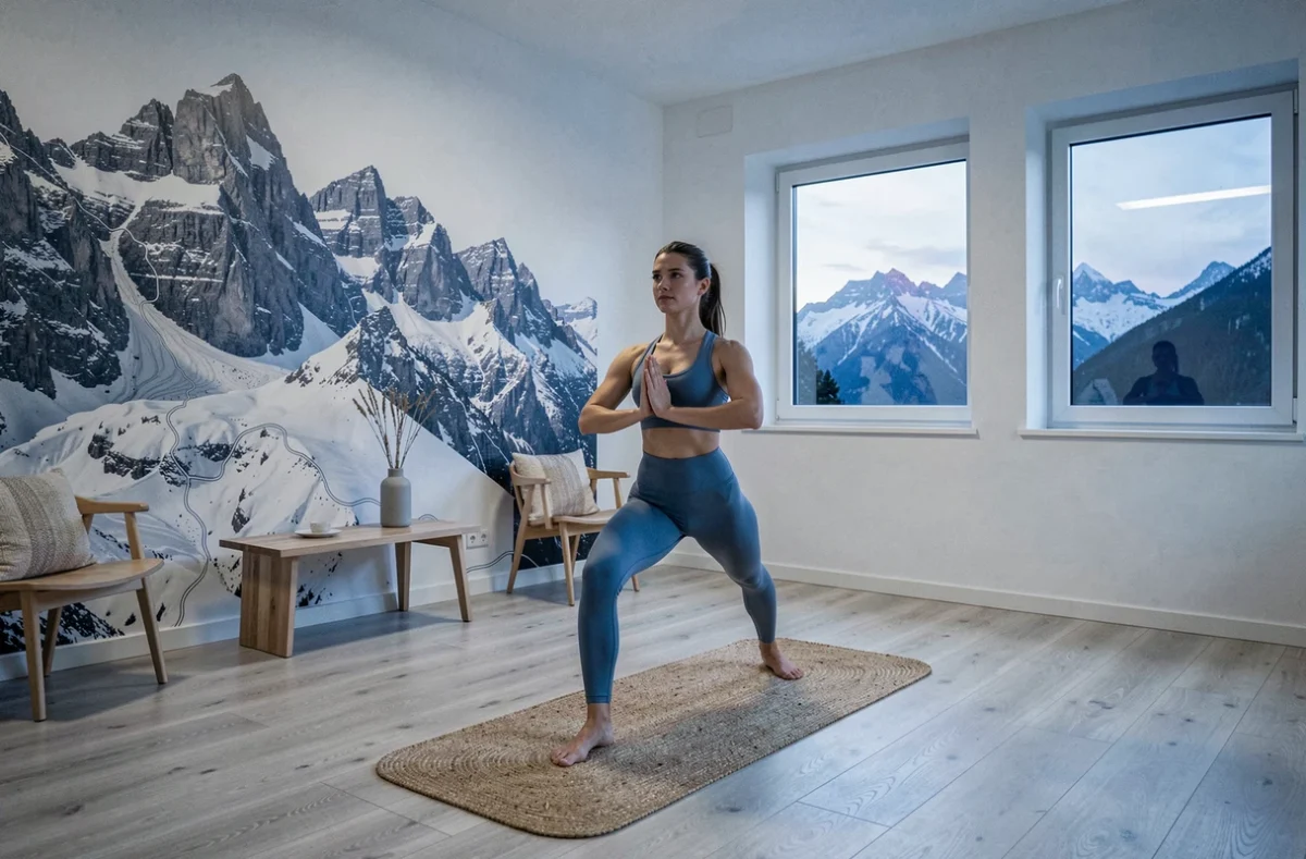 Mica Yoga Grenoble, studio yoga contemporain avec sol en frêne et mural topographique montagnard, instructrice en pose