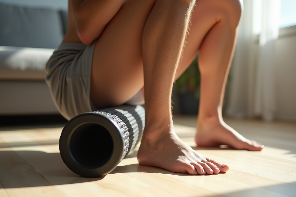 Gros plan sur des mollets musclés avec foam roller à la maison