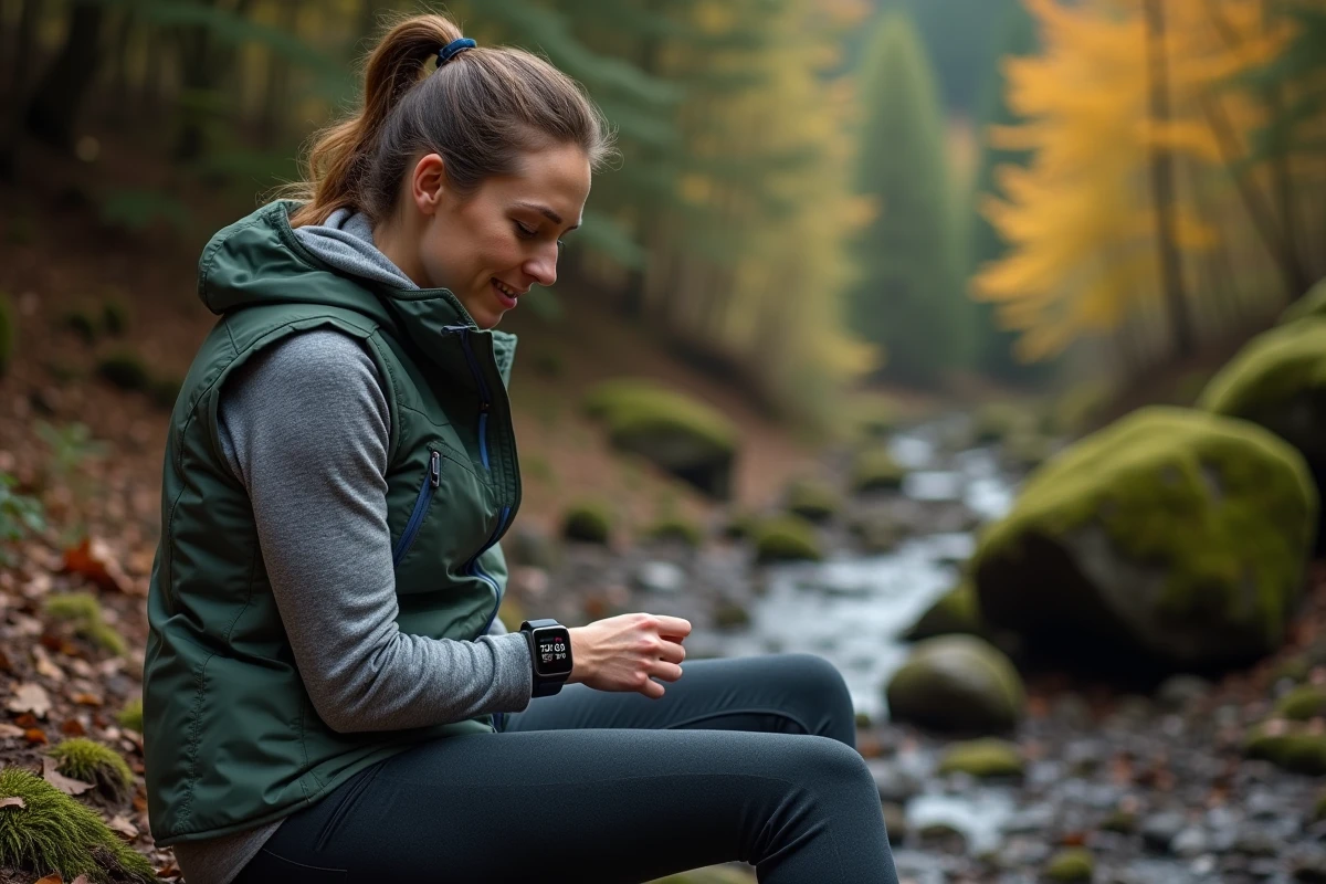 Randonneuse analysant ses données GPS et cardiaques sur sa montre connectée en forêt après une randonnée