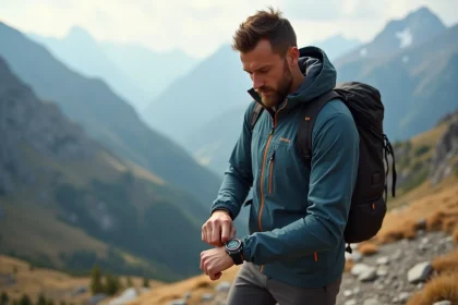 Randonneur consultant sa montre GPS avec suivi cardiaque sur une crête rocheuse en montagne