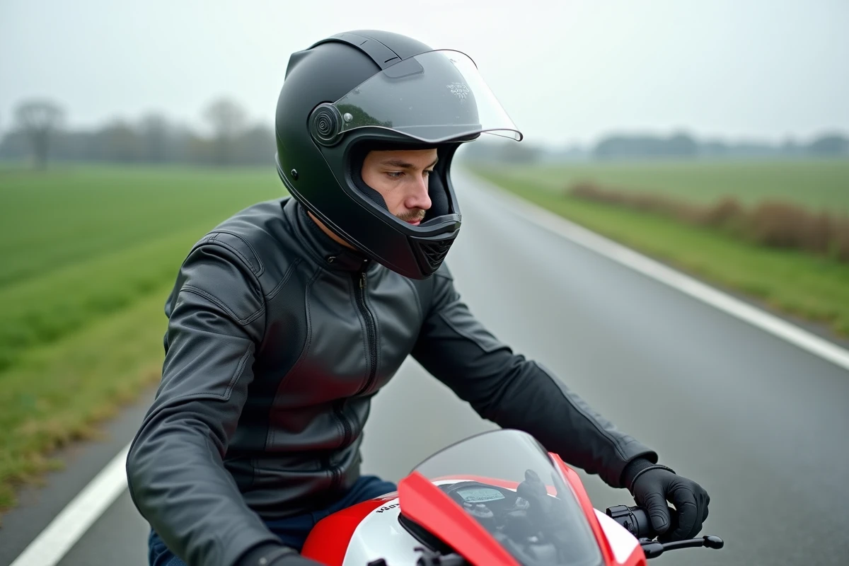Motard sur une Aprilia RS 125 consultant son compteur de vitesse sur une route de campagne, vue trois quarts