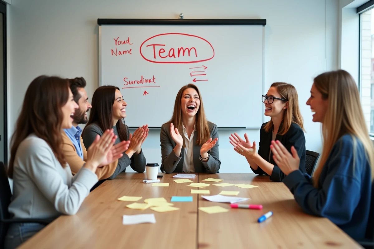 Équipe de bureau réunie autour d'une table avec un tableau blanc affichant leur nom d'équipe lors d'une séance de brainstorming