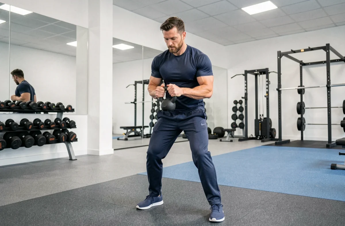 Homme réalisant un kettlebell swing dans la salle Optimize Eysines au design moderne et épuré