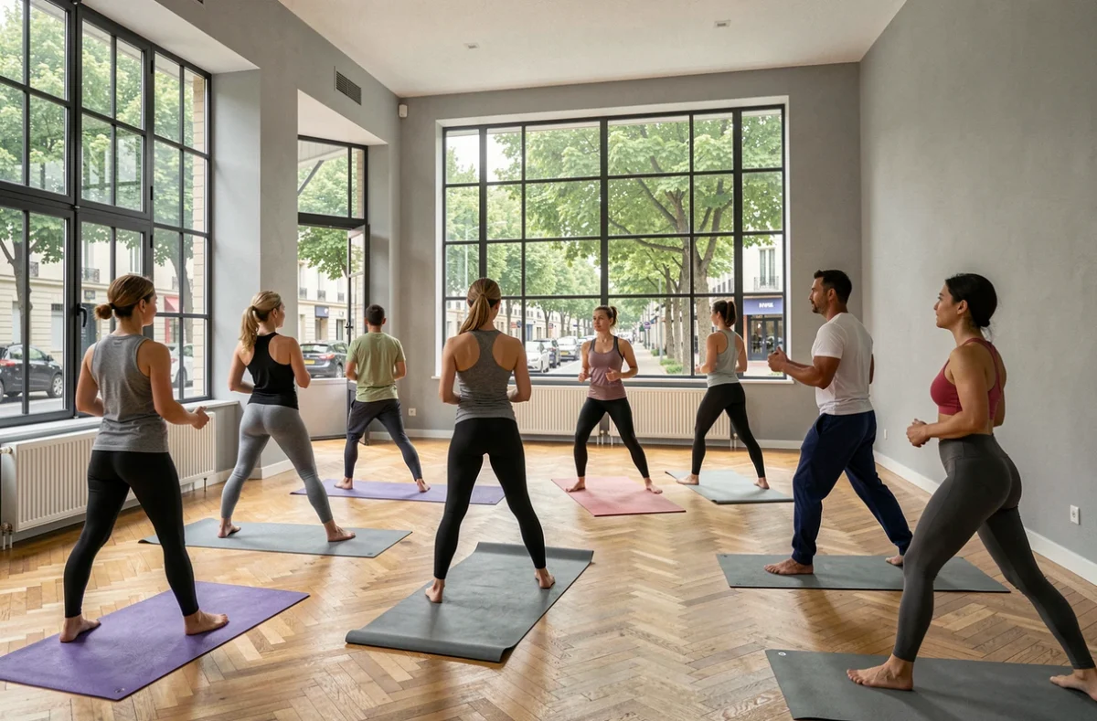 Parallèle Gym Yoga Villeurbanne, studio yoga communautaire avec parquet ancien et fenêtres industrielles donnant sur la rue