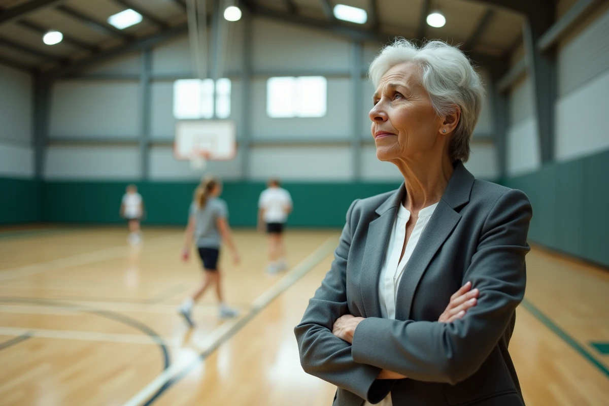Femme parent observant l'entraînement de jeunes sportifs dans une salle de sport, regard bienveillant et attentif sur les athlètes
