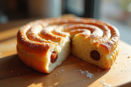 Gâteau aux raisins frais et légers sur table en bois