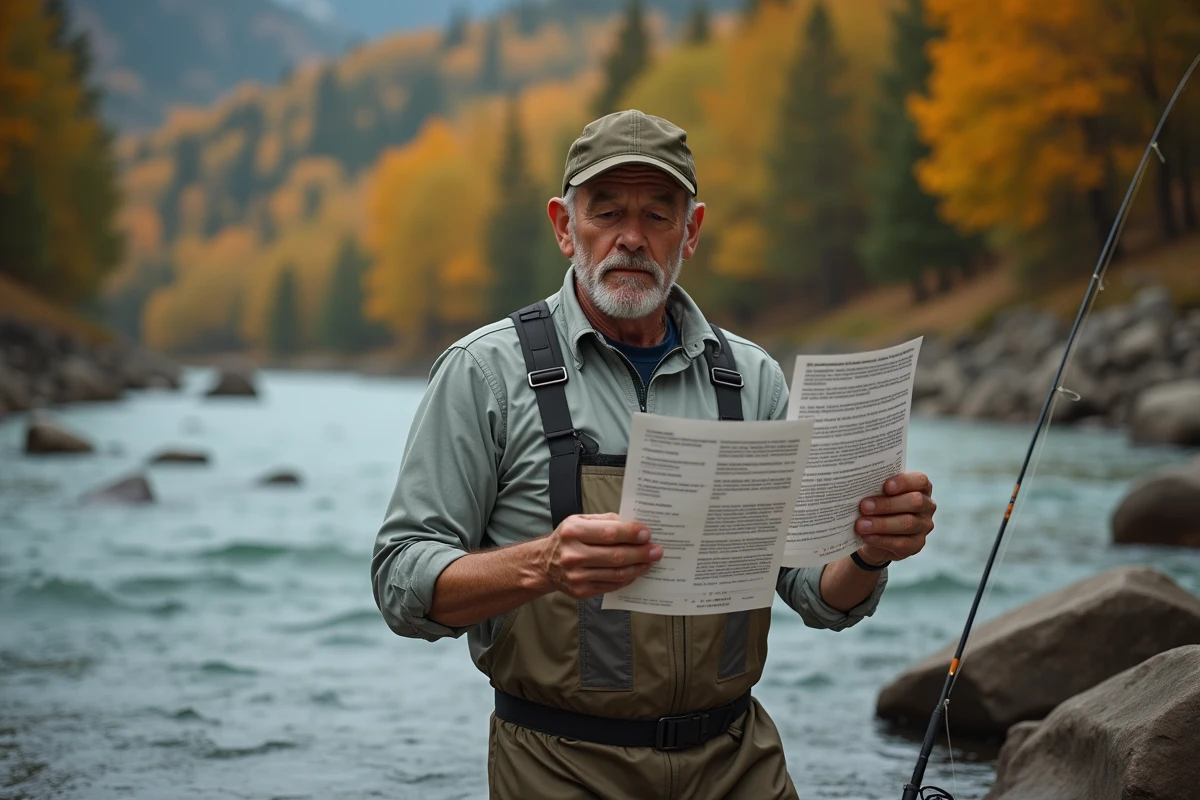 Pêcheur en waders comparant deux cartes de pêche dans une rivière pour éviter les erreurs de tarif en 2026