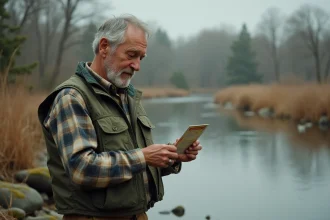 Pêcheur vérifiant sa carte de pêche 2026 au bord d'une rivière, examinant les tarifs et la validité de son permis