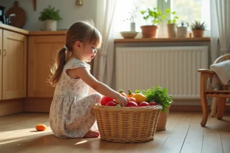 Petite fille concentrée qui remplit un panier en osier de fruits et légumes en bois dans une cuisine scandinave, développant sa motricité fine