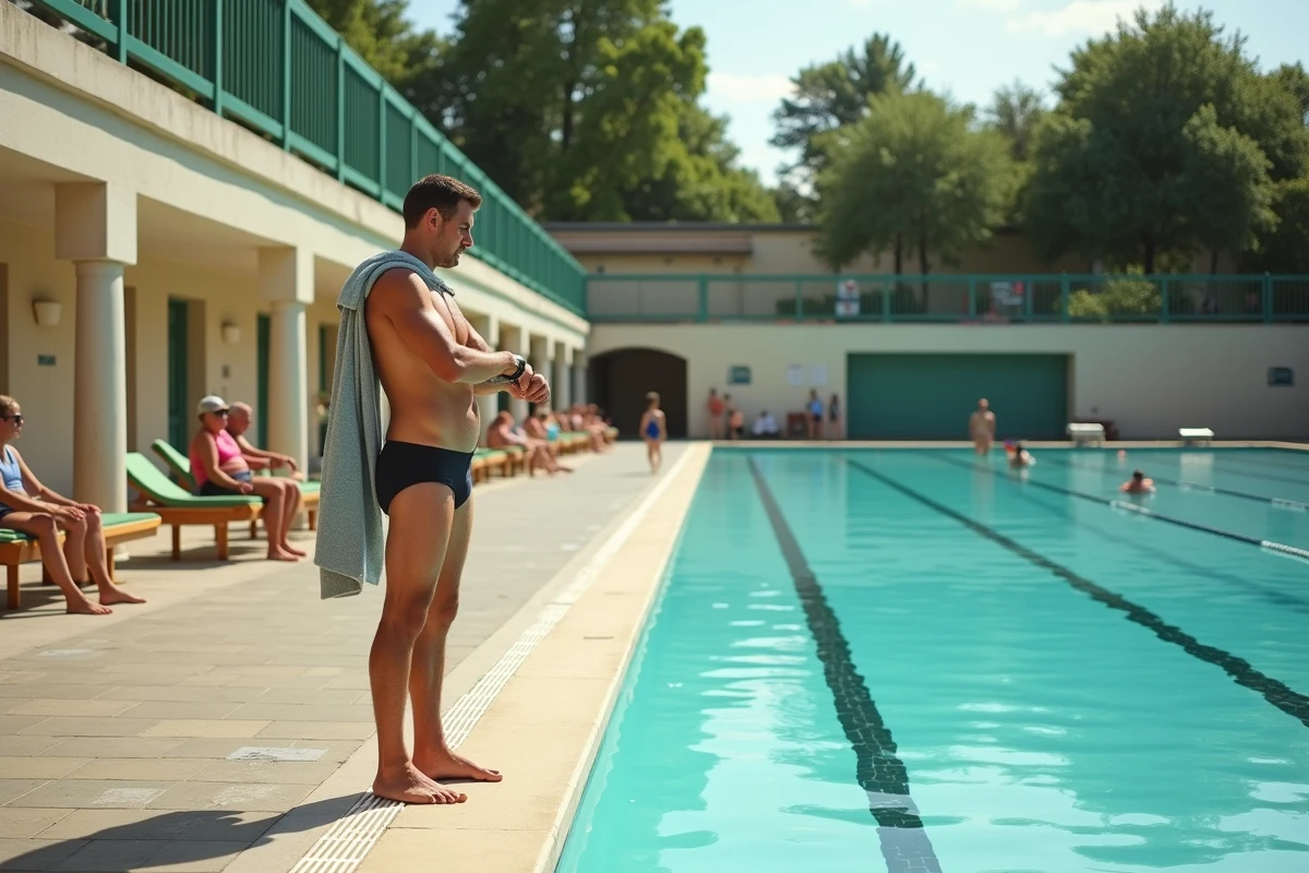 Espace extérieur de la piscine de la Butte aux Cailles en été avec baigneurs et ambiance de piscine municipale parisienne