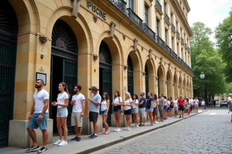 File d'attente devant l'entrée de la piscine de la Butte aux Cailles à Paris, architecture historique du début du XXe siècle