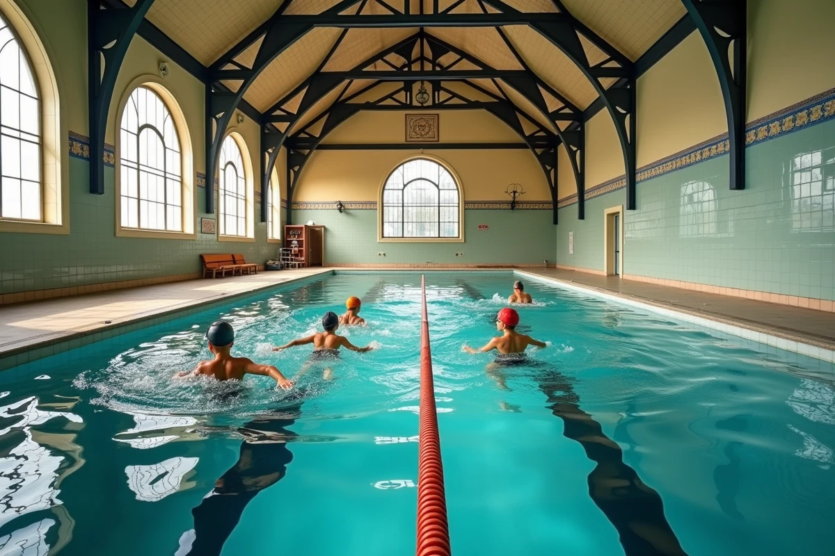 Intérieur historique de la piscine de la Butte aux Cailles avec nageurs dans les couloirs et architecture art nouveau