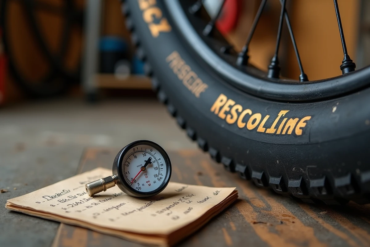 Gros plan sur un pneu VTT 26 pouces avec manomètre et tableau de pression manuscrit dans un atelier