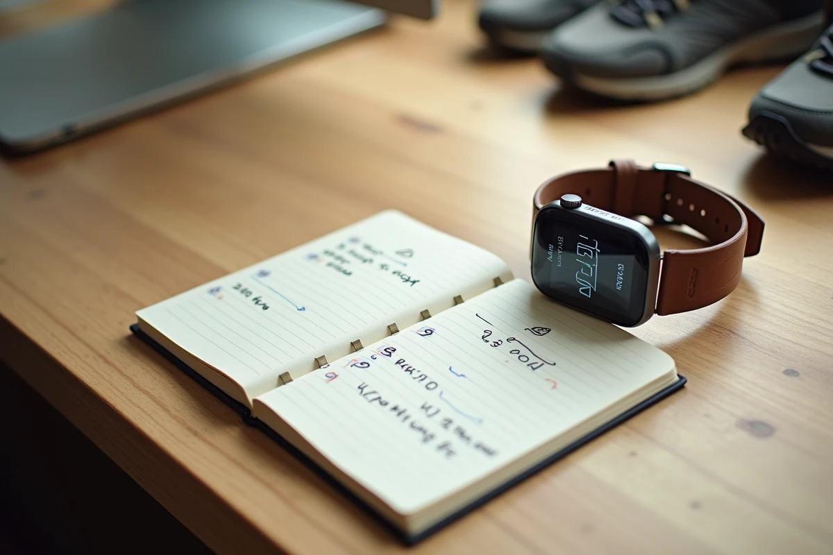 Podomètre et carnet de notes avec conversion de pas en kilomètres posés sur un bureau en bois pour illustrer le calcul de distance de marche