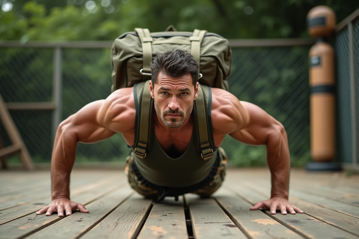 Homme en position de gainage lors de pompes lestées avec sac à dos de sable sur une terrasse en bois extérieure