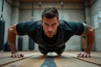 Athlète de sport de combat effectuant des pompes lestées avec gilet de poids dans une salle de boxe en béton brut