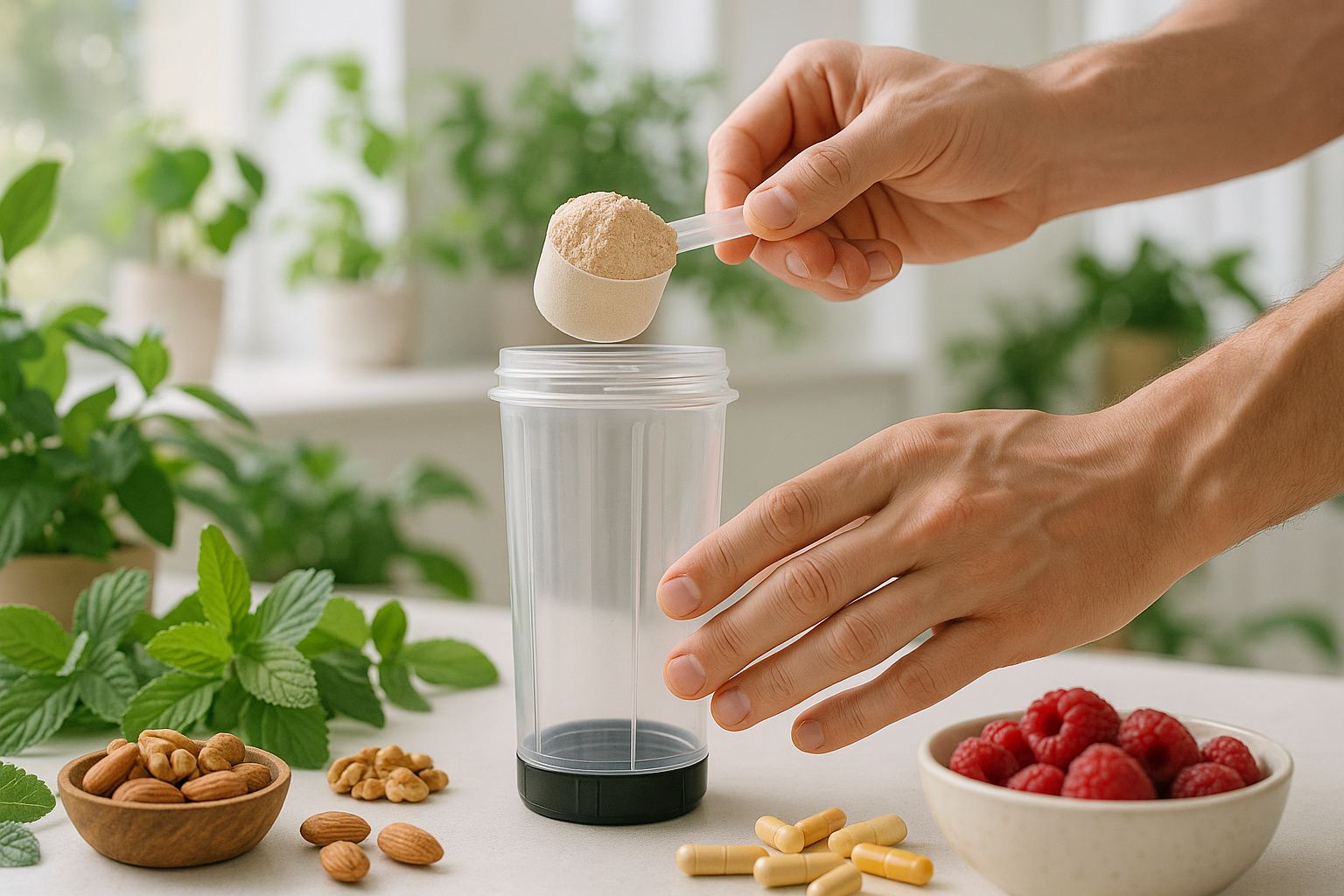 Mains versant de la poudre de protéine naturelle dans un shaker dans une cuisine lumineuse