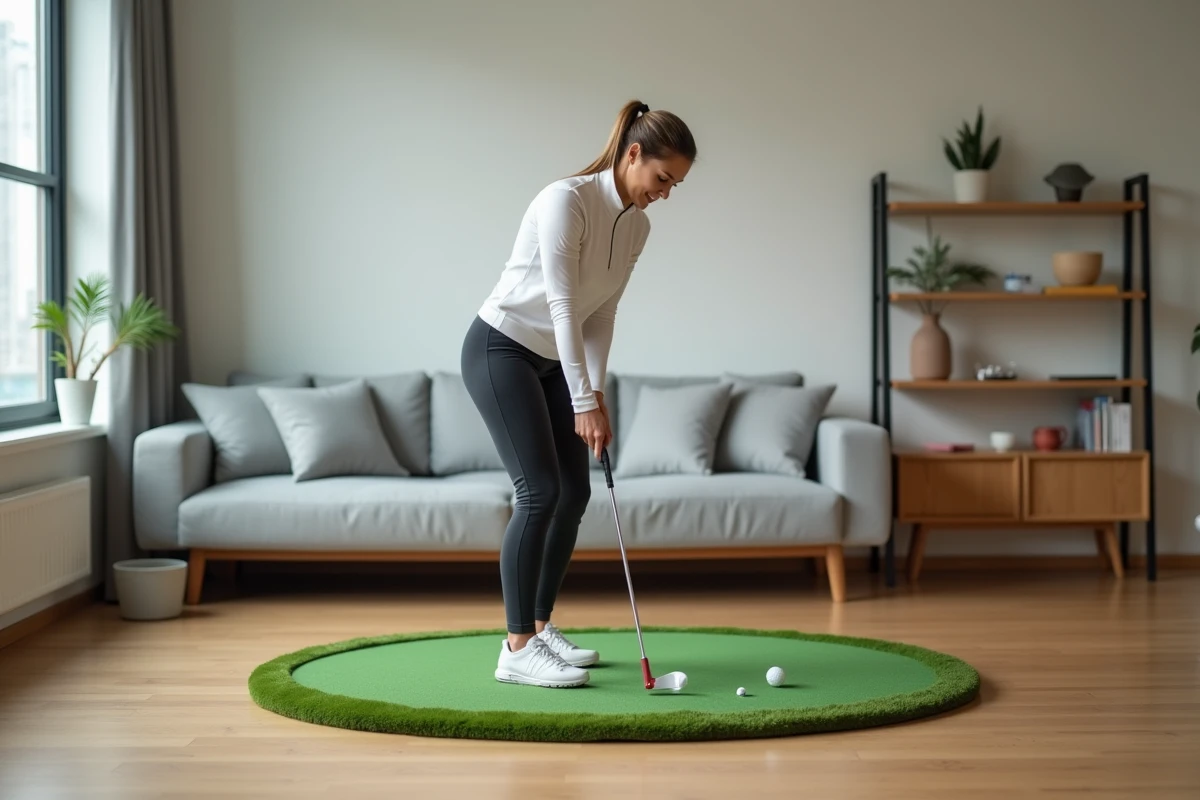 Femme s'entraînant au putting sur un green synthétique installé dans un salon moderne en appartement