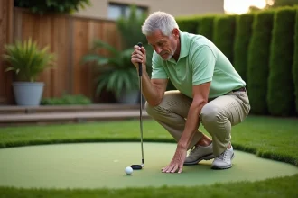 Homme pratiquant le putting sur un green artificiel installé dans un jardin privé avec trou et drapeau miniature
