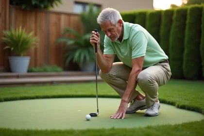 Homme pratiquant le putting sur un green artificiel installé dans un jardin privé avec trou et drapeau miniature