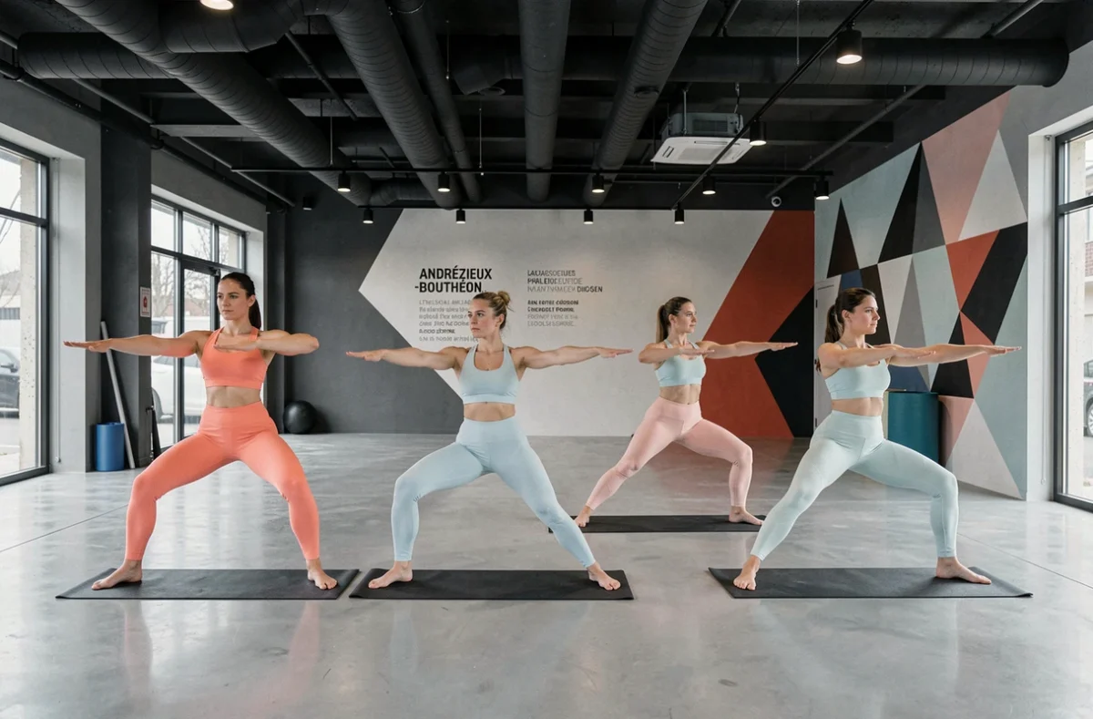 Rise and Shape Studio Andrézieux-Bouthéon, salle de yoga fitness moderne avec sol époxy et practitioners en tenue colorée