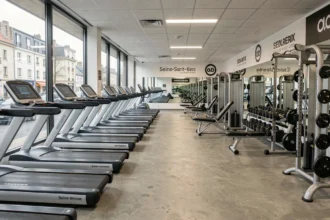 Vue panoramique d'une salle de musculation moderne en Seine-Saint-Denis avec équipements fitness alignés