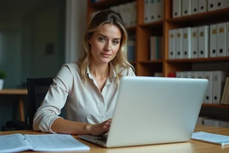 Secrétaire de club associatif concentrée sur un tableur FBI V2 ouvert sur son ordinateur portable, entourée de documents administratifs et de classeurs