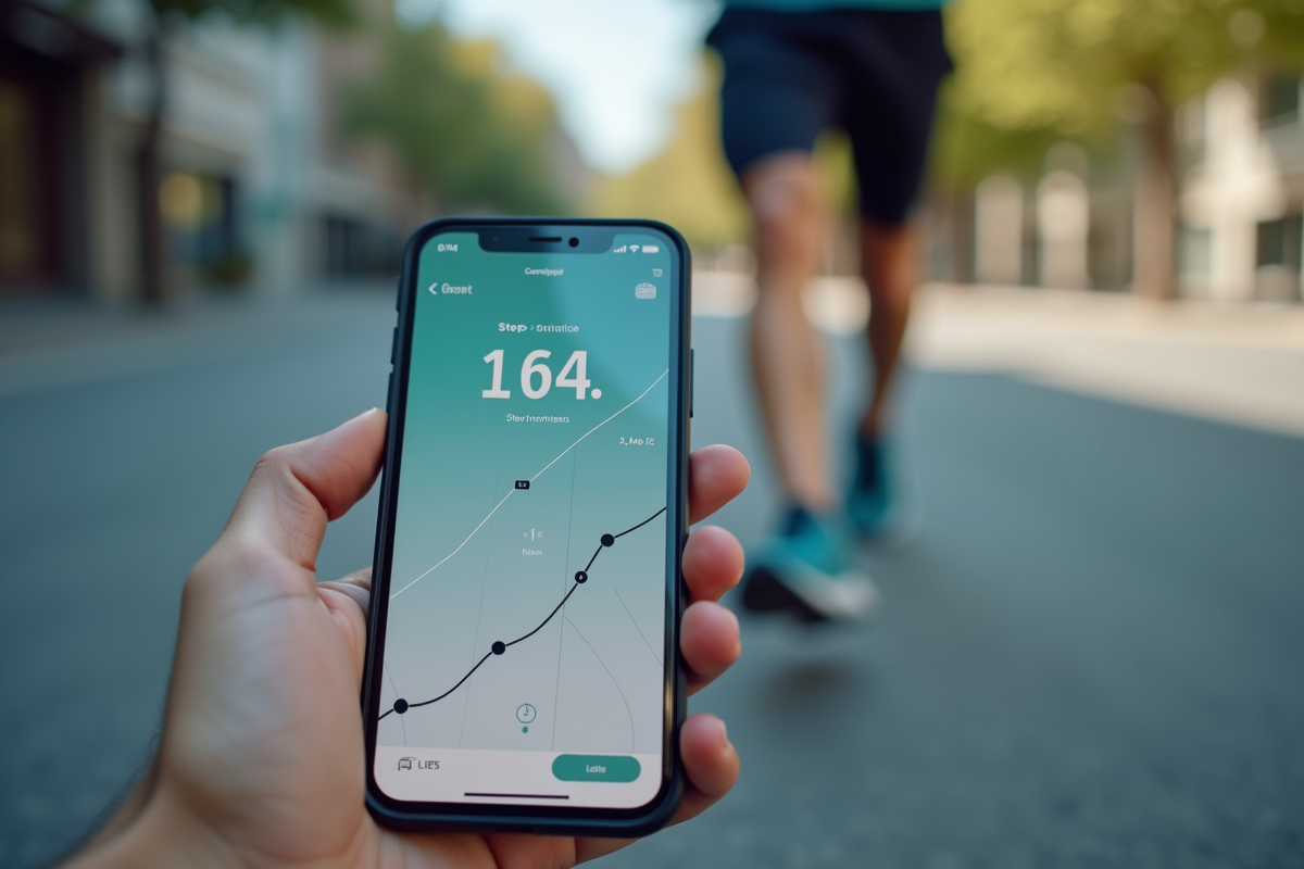 Smartphone affichant compteur de pas et distance en gros plan