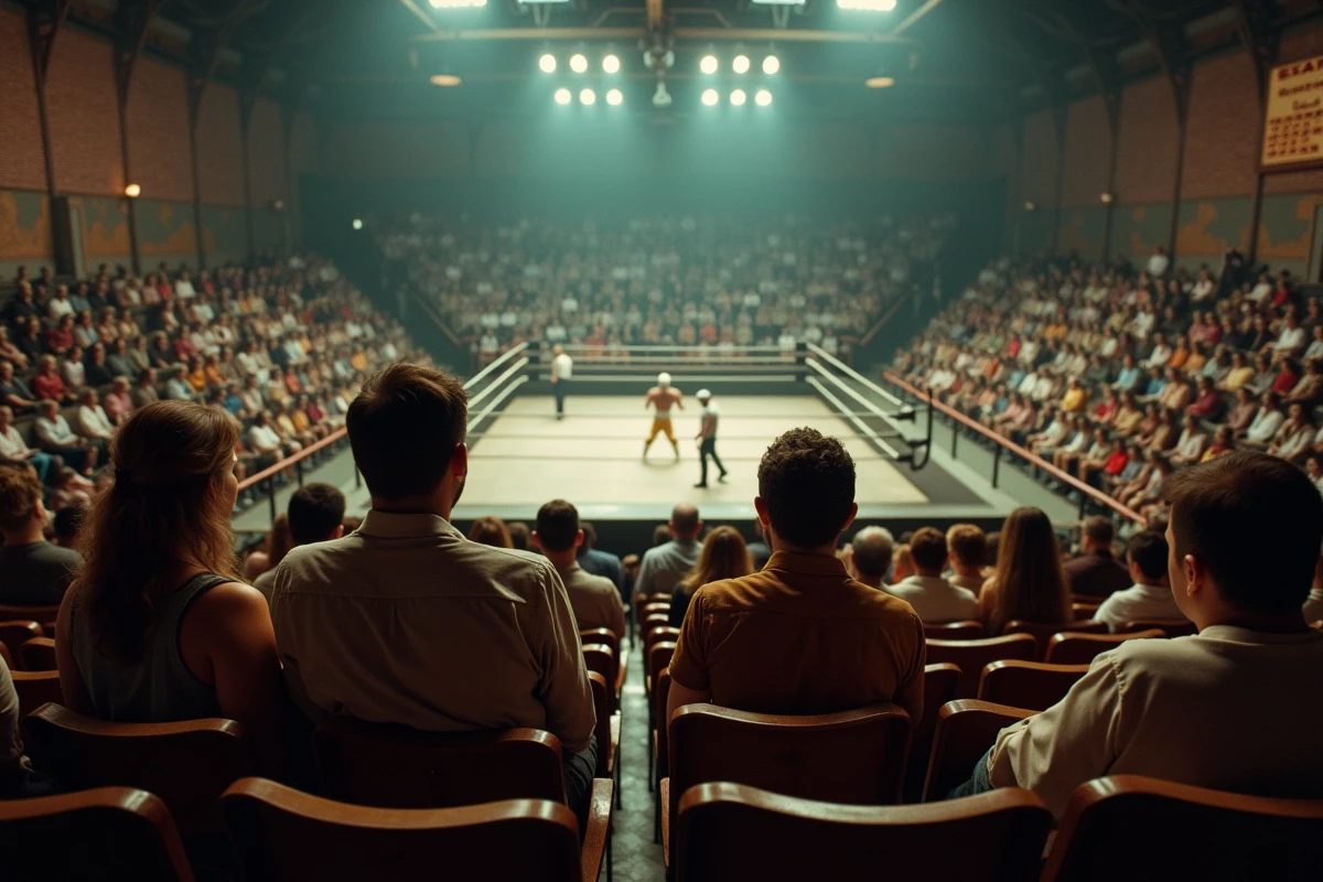 Spectateurs dans une vieille arène de lutte avec ambiance nostalgique