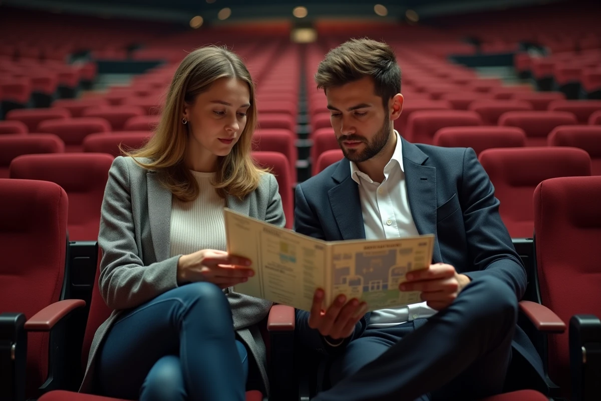 Deux spectateurs consultant un plan de placement pour choisir les meilleures places à Bercy Arena avant un spectacle humoristique