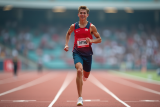 Jeune homme sprinteur franchissant la ligne d'arrivée