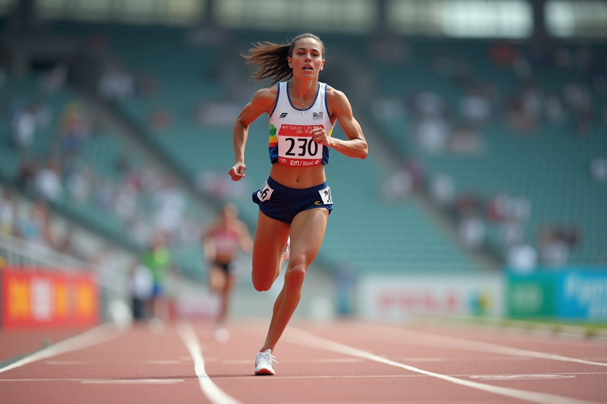 Sprinteuse féminine franchissant la ligne d'arrivée en pleine course