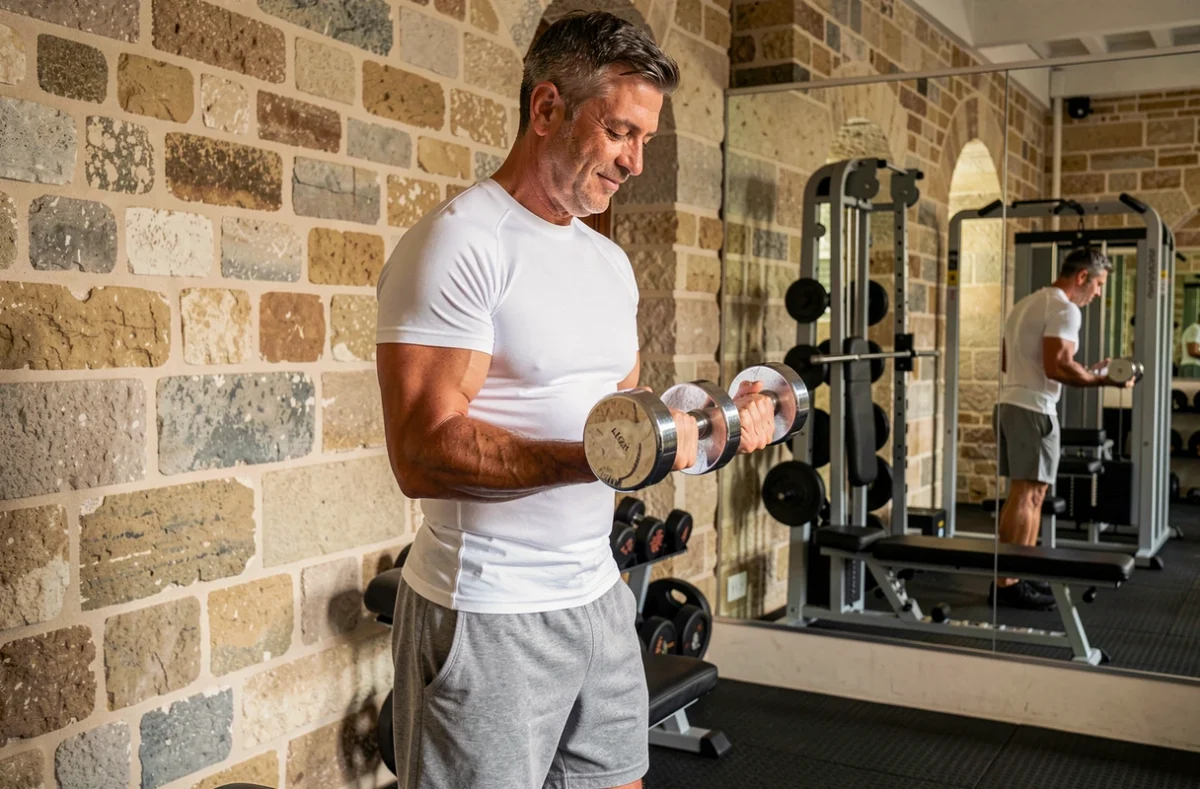 Homme pratiquant la musculation au Square Gym Bordeaux Chartrons avec murs en pierre apparente