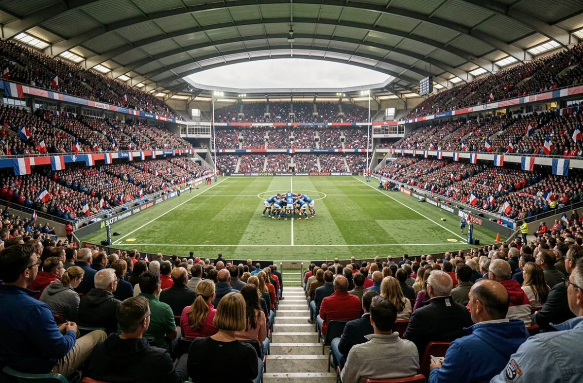 Vue panoramique du stade lors d'un match du Tournoi des 6 Nations avec tribunes remplies de supporters français