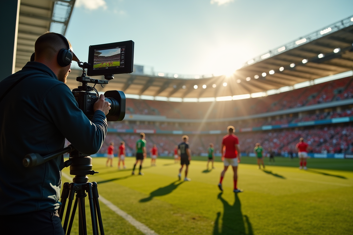 Stade de rugby animé avec fans passionnés et équipe en action