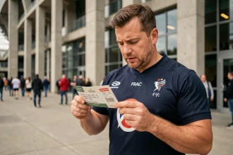 Supporter français tenant un billet de match du Tournoi des 6 Nations devant le Stade de France lors d'une journée de match
