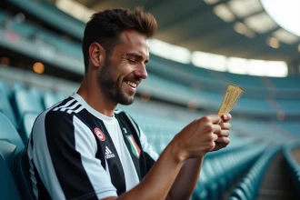 Supporter de la Juventus tenant un billet de match dans les tribunes du stade de Turin