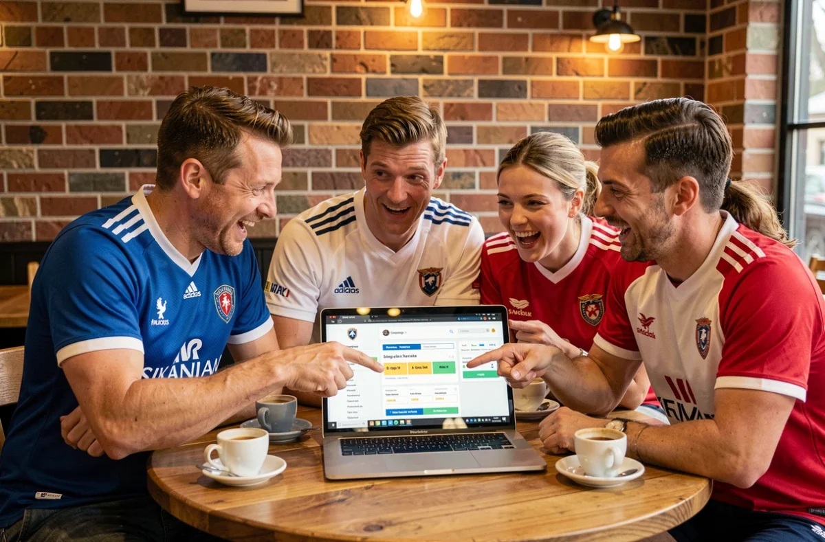 Groupe de supporters du Tournoi des 6 Nations consultant la billetterie FFR en ligne dans un café parisien