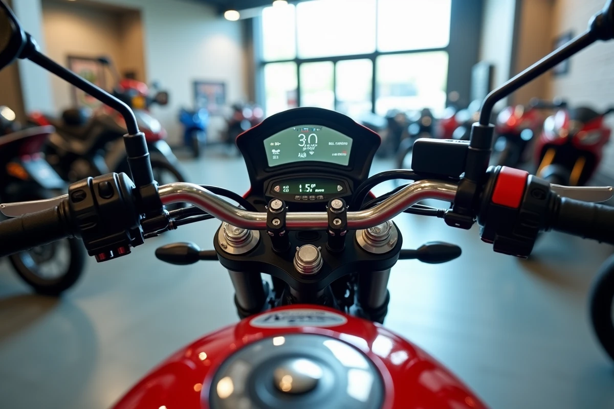 Tableau de bord et compteur digital d'une Aprilia RS 125 dans un showroom moto, vue cockpit depuis l'avant