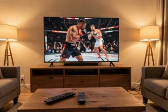 Télécommande et écran de télévision affichant un combat de MMA