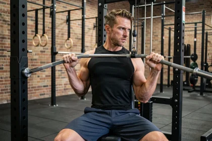 Athlète masculin effectuant un tirage poulie dos sur une machine à câbles dans une salle de CrossFit