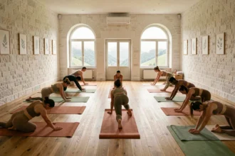 Vue panoramique d'un studio de yoga en Auvergne-Rhône-Alpes avec des pratiquants sur leurs tapis, fenêtres ouvrant sur un paysage verdoyant