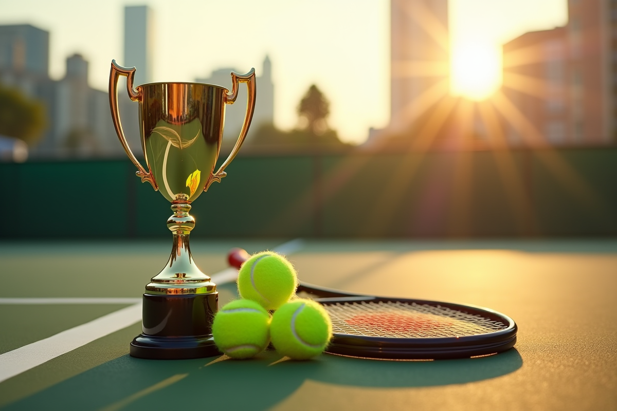 Trophée de tennis avec balles et raquette sur fond de skyline urbain