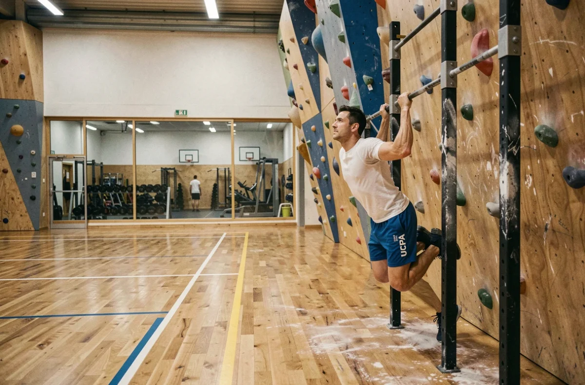 Jeune homme faisant des tractions dans la salle multisports UCPA Bordeaux avec mur d'escalade en arrière-plan
